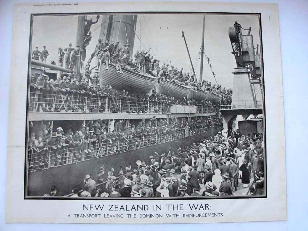 2005.54.4-Ship-leaving-port-in-NZ-with-reinforcements-1916-Supplement-of-the-New-Zealand-illustrated Ship leaving port in NZ with reinforcements 1916
