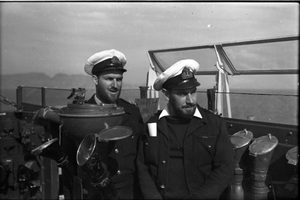 2010_27_1108 Two Officers in HMNZS TAUPO members of the Whiskers Club who committed to growing beards whilst in Korea 1951-52 LT CDR R T Hale left, and LT Peter Silk right, in Korean waters on the bridge of HMNZS Taupo - members of the 'Whiskers Club' a group of crew members who had committed to growing beards whilst in Korea 1951/52