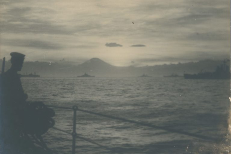 Tokyo Bay taken from HMNZS Gambia at sunset on the day of the signing of the surrender.