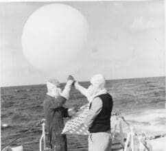 AAU 0702 Otago Mururoa 1973 weather ballon Releasing weather balloon on HMNZS Otago, Mururoa 1973