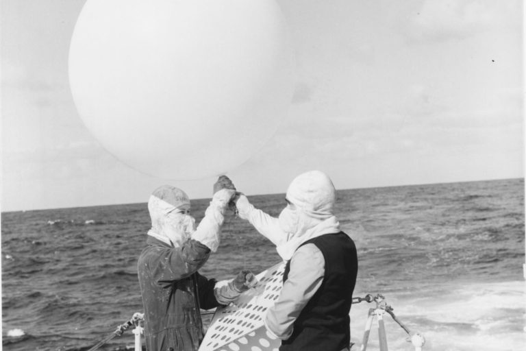 Releasing weather balloon on HMNZS Otago, Mururoa 1973