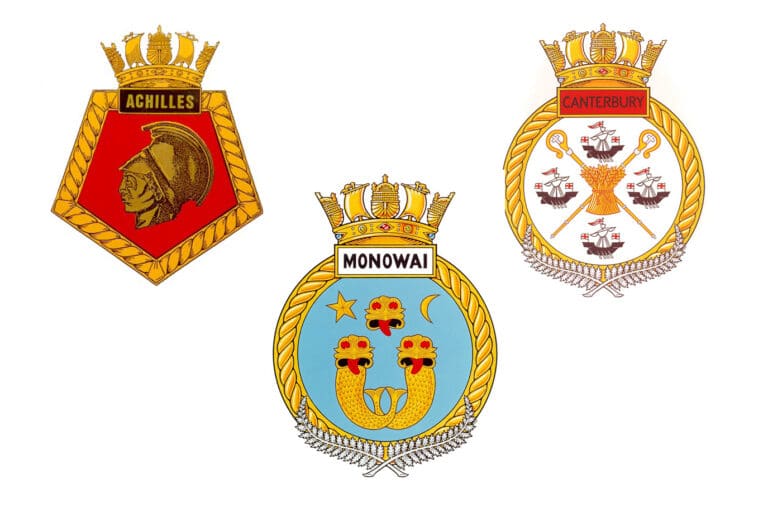 Ships badges from HMNZS Achilles, HMNZS Canterbury, and HMNZS Monowai