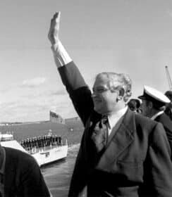 010900NZHKIRK Prime Minister Norman Kirk farewells the New Zealand frigate Otago from the Auckland Naval Base in 1973.