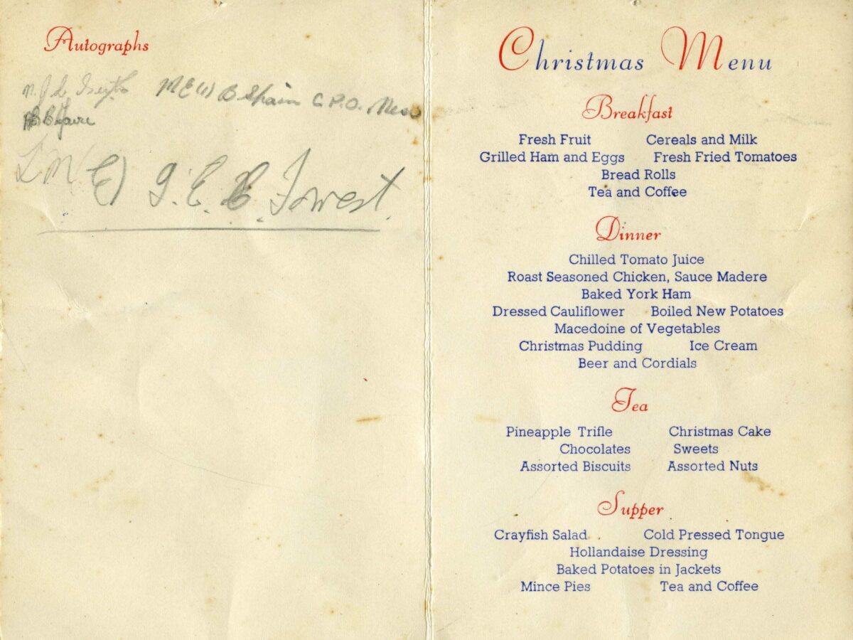 EAE 0015 i HMNZS Philomel Christmas Menu 1957 EAE 0015