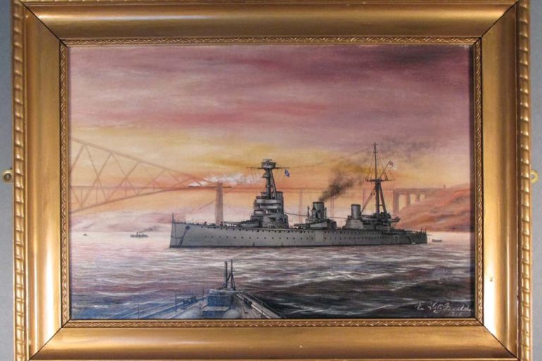 Oil painting of HMS New Zealand against Forth Bridge, 1918, by Chief Quartermaster Edward Fitzgerald
