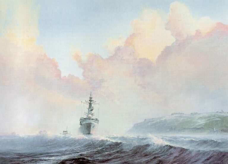 The weather off the lower South island can vary widely and in winter, snow showers at sea are common. While the conditions can be trying, they make for outstanding seascapes such as when the frigate HMNZS Southland (F104) and the inshore patrol craft HMNZS Moa (P3553) exercised together off the Otago Peninsula at Taiaroa Head in 1989. Moa was the training vessel of the Royal New Zealand Naval Volunteer Reserve unit in Dunedin. Acrylic on board, 1990. FT 0912