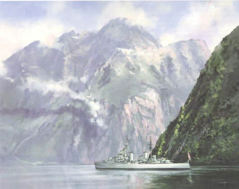 the Dido-class cruiser HMNZS Bellona (C63) underway in Milford Sound. She was loaned to the Royal New Zealand Navy from 1946-1956 by the Royal Navy. Bellona became the flagship of the New Zealand Squadron and carried out port visits, sea training, exercises and foreign deployments.