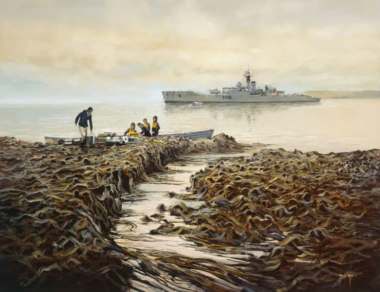 A regular task undertaken by ships of the Royal New Zealand Navy is the provision of support to scientific expeditions to the sub-Antarctic islands. The frigate HMNZS Taranaki (F148) is depicted unloading stores near Sandy Bay on Enderby Island, one of the Auckland Islands to the south east of Stewart Island. The islands are rich in sea-life, particularly seals and sea lions, and there are thick beds of kelp on the rocks. Acrylic on polymer, 1990.