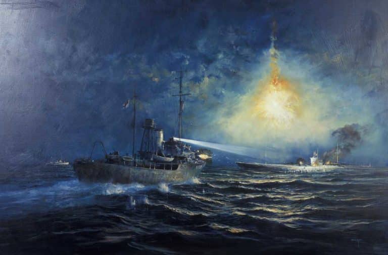 In 1943 while patrolling off the coast of Guadalcanal in the Solomon Islands, HMNZ ships Kiwi (T102) and Moa (T233) engaged and sunk the Japanese Submarine I-1. kiwi is in the foreground of this painting, while Moa is in the background. During the fierce battle, Leading Signalman Campbell Buchanan successfully kept Kiwi's searchlight on the enemy submarine for the gunners and continued to remain at his post even though he was mortally wounded. The battle lasted almost an hour and the I-1 was eventually sunk on a reef after Kiwi managed to ram it three times and Moa pursued the damaged submarine. Framed painting, 1999.
