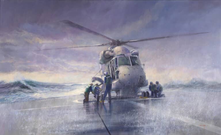 Framed painting, 2005. This work portrays a Seasprite helicopter (SH-2G) operating from an Anzac frigate. New Zealanders have been involved with naval flying since the formation of the Royal Naval Air Service in 1914 and later with the Fleet Air arm. The Royal New Zealand Navy began operating their own Wasp helicopters in the 1960s and transitioned to Seasprites in 2000. Since 2005, the RNZN's air element has been operated by No 6 Squadron of the Royal New Zealand Air Force. The Seasprites are flown by Navy aircrew and maintained by RNZAF personnel. Framed painting, 2005.