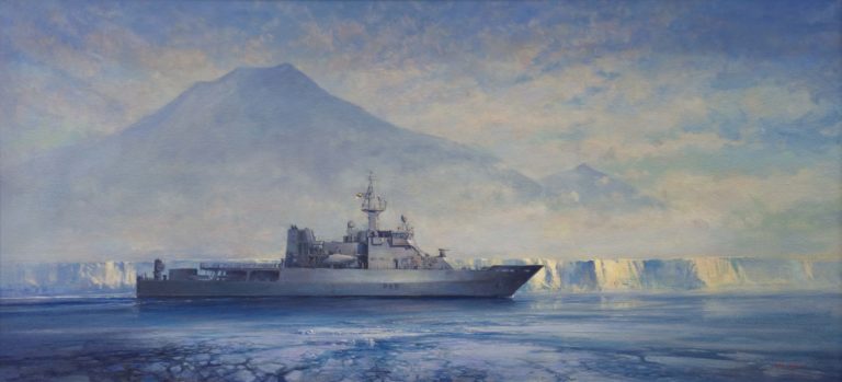 The Royal New Zealand Navy has operated in Antarctica since 1956 when HMNZS Endeavour escorted the team that built the first Scott Base. The Royal New Zealand Navy continues to support operations in Antarctica as well as monitoring activity in the Southern Ocean. This painting shows the offshore patrol vessel HMNZS Wellington (P55) with the Ross Ice Shelf in the background. The offshore patrol vessels have strengthened hulls and other cold climate capabilities that allow them to operate in polar waters. Framed oil painting, 2011. FT 1196