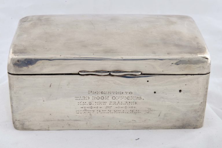 FT-1219 Silver box with wooden inside and a hinged lid presented to HMS New Zealand.