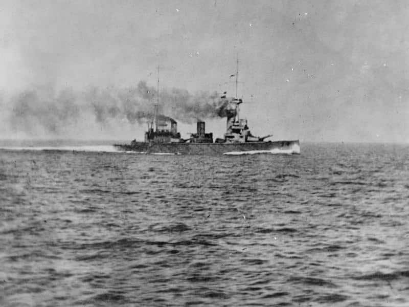 HMS New Zealand steaming during the Battle of Heligoland Bight HMS New Zealand steaming during the Battle of Heligoland Bight