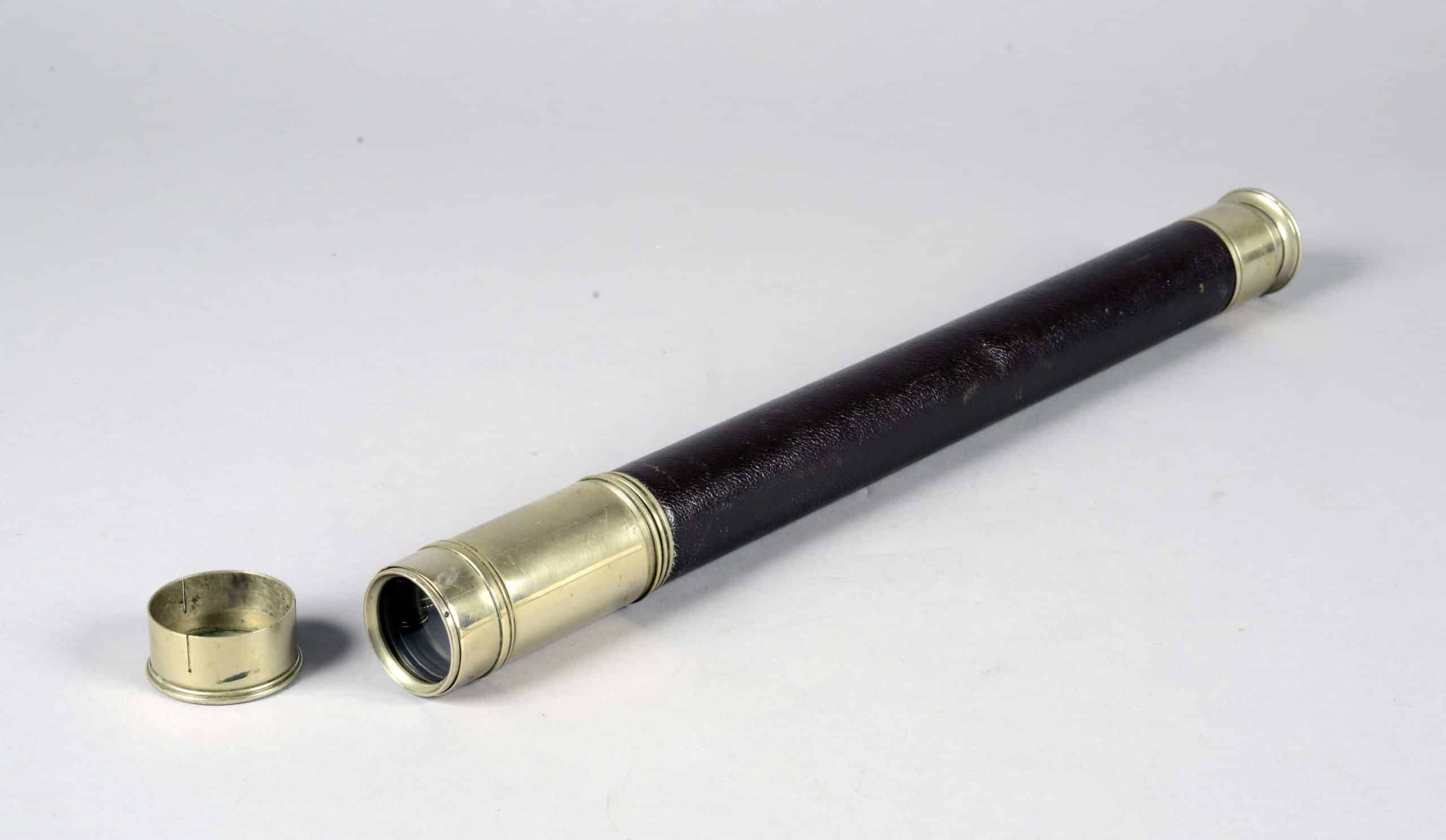 IBB-0022-Telescope-image Telescope with leather bound body belonging to Lieutenant Bruce. Engraved on the sliding bar are the words: ‘D.F.F. Bruce’. Lieutenant Bruce was the Navigation Officer on the Cable Ship Iris.