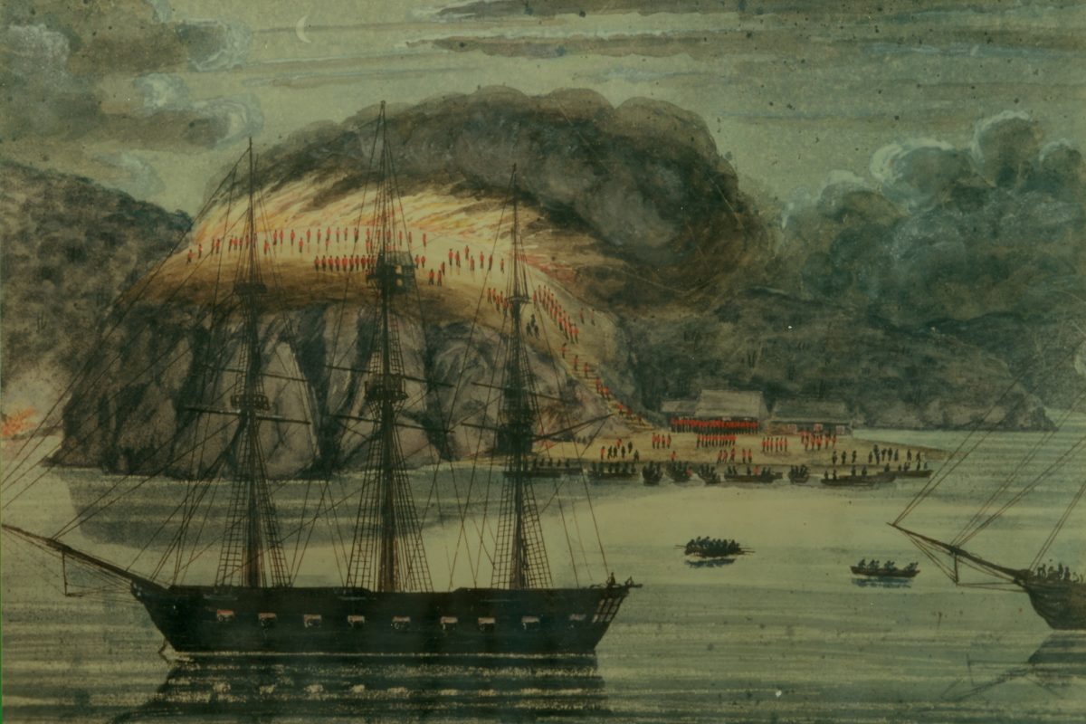 PAI 0035 Pomare's Pa (1) Print of a watercolour by John Williams depicting HMS North Star destroying Pōmare's pa at Ōtūihu, 30 April 1845.
