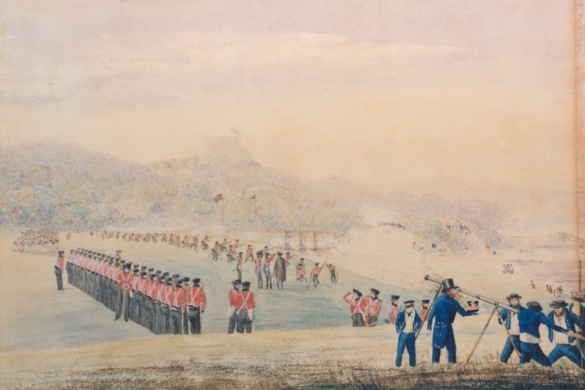 PAI 0089 Puketutu Print of a watercolour by Cyprian Bridge depicting the assault on Te Kahika Pā / Puketutu, 8 May 1845.