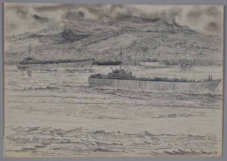 Pencil drawing of American tank-landing ships in the Solomon Islands, by Miles Spence, 1943.