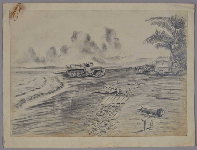 Pencil drawing of military vehicles disposing of rubbish at Koli Point, 1943, by Miles Spence.