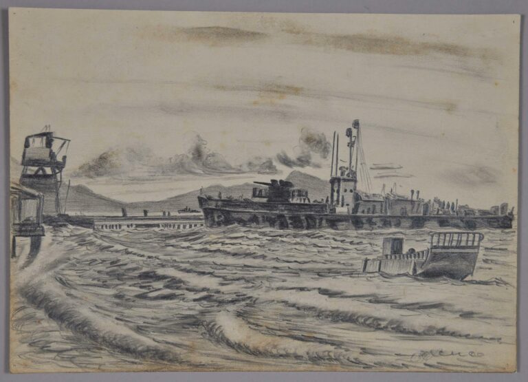 Pencil drawing of American infantry landing craft at Koli Point, 1943, by Miles Spence.