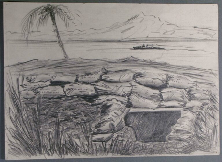 Pencil drawing of a defensive structure at Guadalcanal, 1943, by Miles Spence.