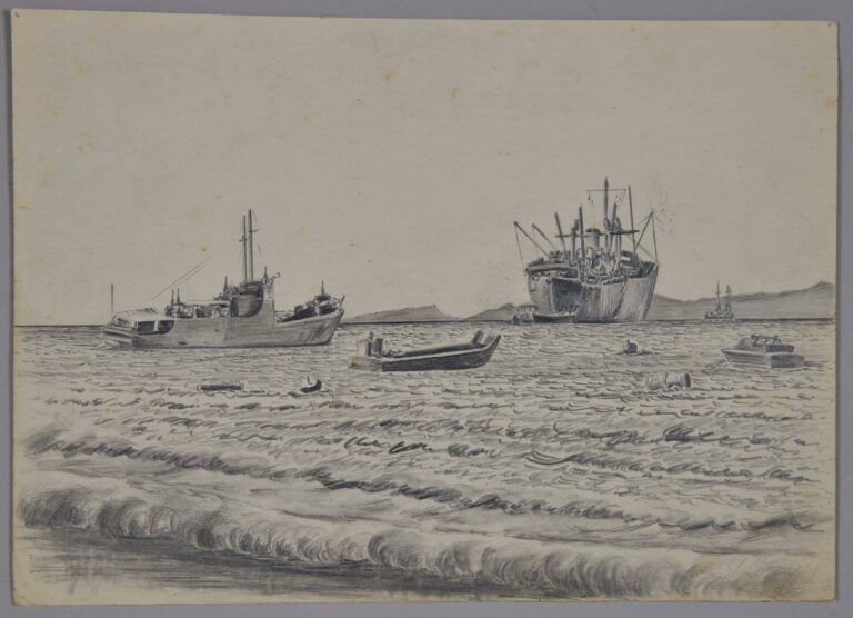 Pencil drawing of ships at anchor off the coast of Guadalcanal, 1943, by Miles Spence.