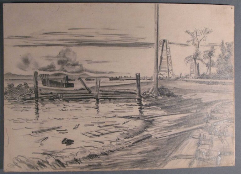 Pencil drawing of shipping wreckage on an unnamed beach, 1943, by Miles Spence.
