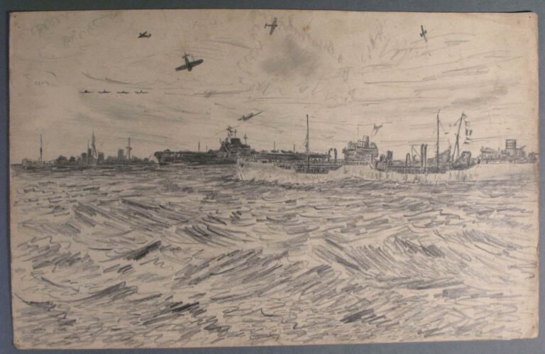 Pencil drawing of ships at sea in Japanese waters, 1945, by Miles Spence