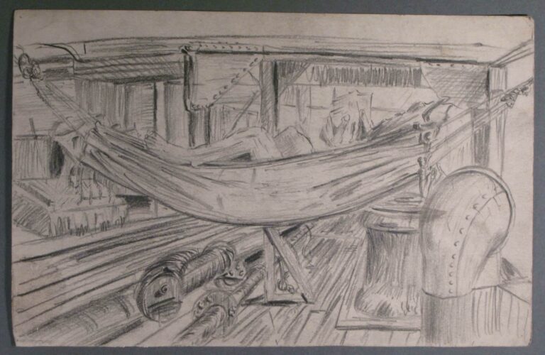 Pencil drawing of a sailor resting in a hammock, 1945, by Miles Spence.