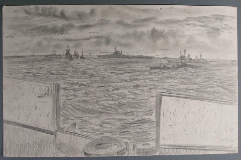 Pencil drawing of warships at sea, date unknown, by Miles Spence.