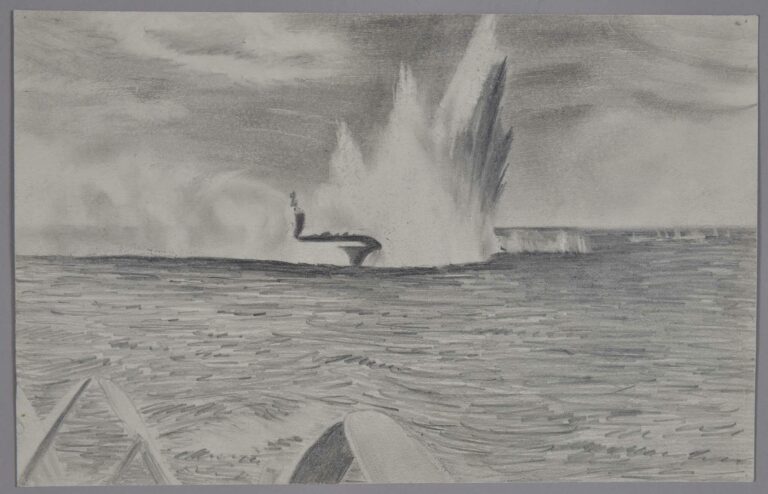 Pencil drawing of ships under attack by Japanese kamikaze bombers, 1945, by Miles Spence.