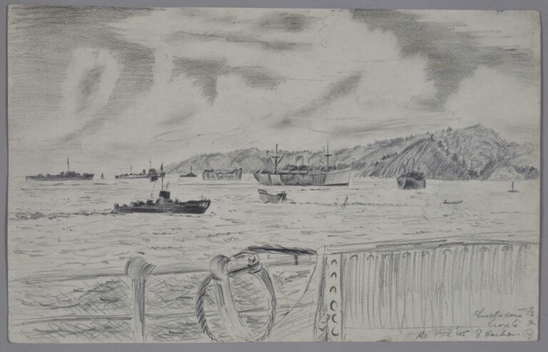 Pencil drawing of US Navy ships at sea, 1945, by Miles Spence.