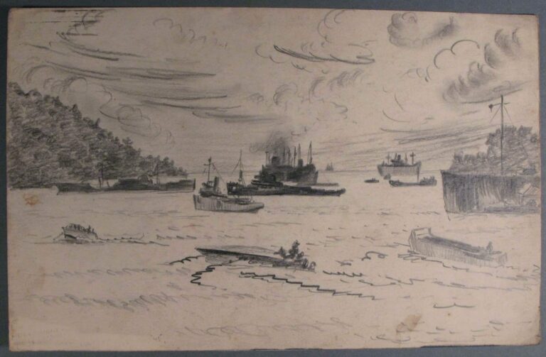 Pencil drawing of ships at sea in the waters of Jayapura, New Guinea, by Miles Spence.