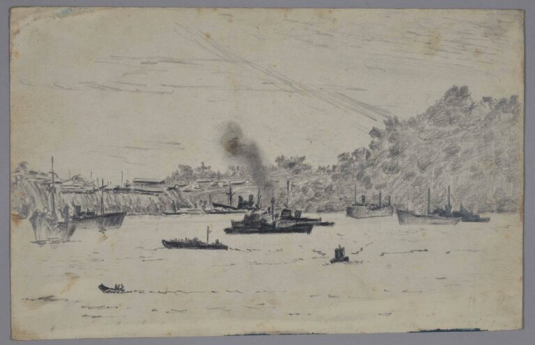 Pencil drawing of ships under fire by Japanese troops, Jayapura, New Guinea, 1945, by Miles Spence.