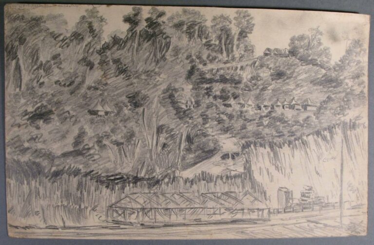 Pencil drawing of an American naval base in New Guinea, 1945, by Miles Spence.
