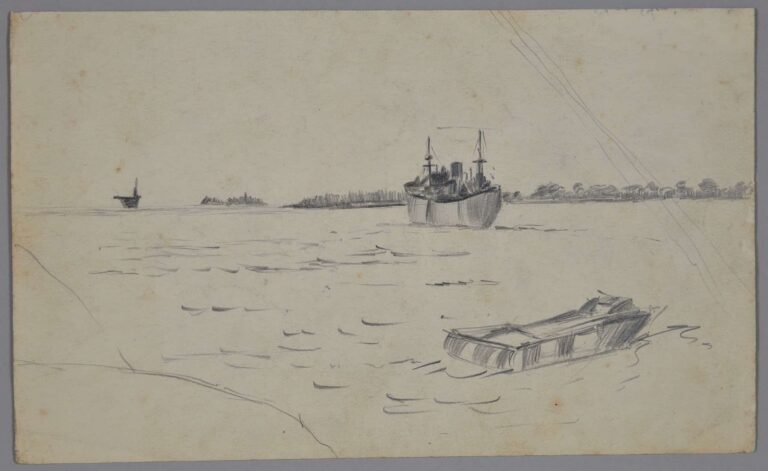 Pencil drawing of escort carriers off the coast of Manus Island, Papua New Guinea, 1945, by Miles Spence.