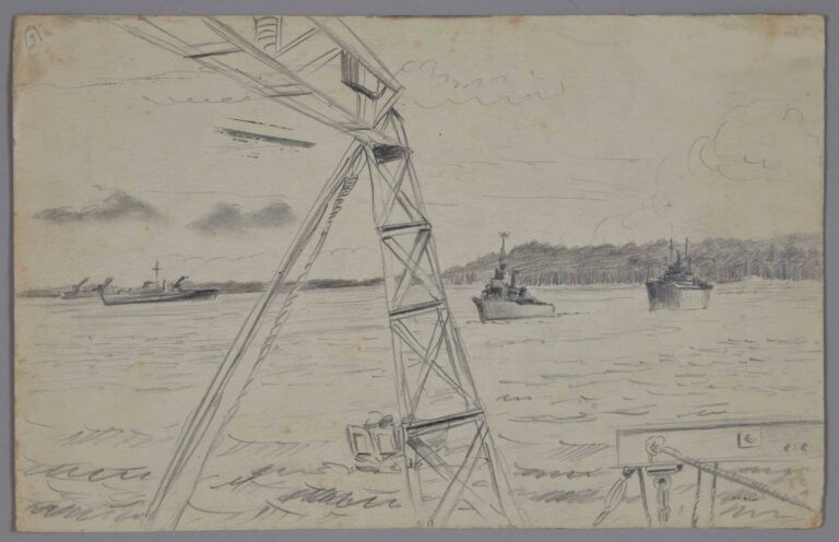 Pencil drawing of ships off the coast of Manus Island, Papua New Guinea, 1945, by Miles Spence.