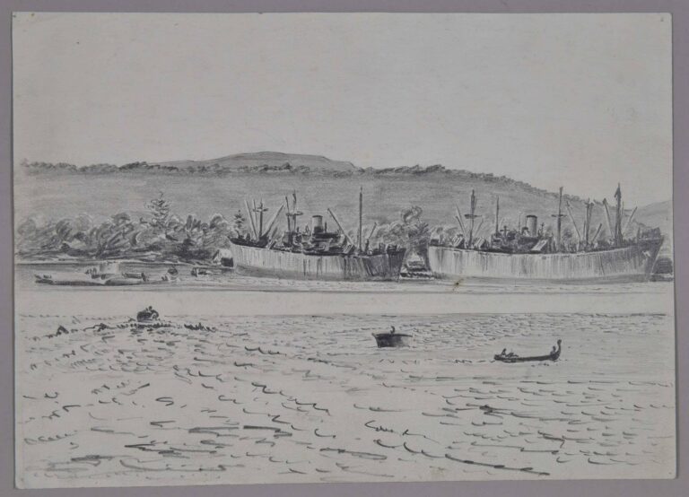 Pencil drawing of American liberty ships at Advanced Naval Base Espiritu Santu, Vanuatu, 1944, by Miles Spence.
