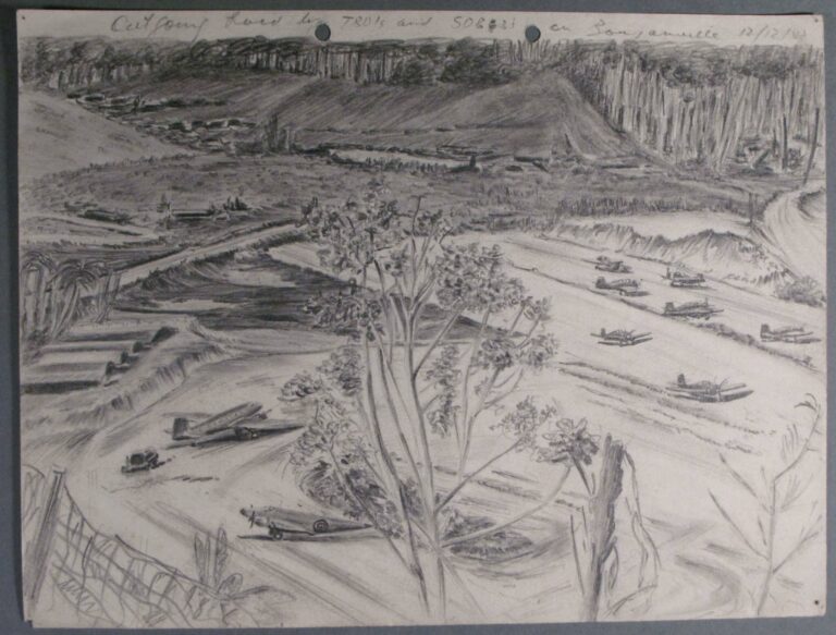 Pencil drawing of Munda air strip, New Georgia Island, Solomon Islands, 1944, by Miles Spence.