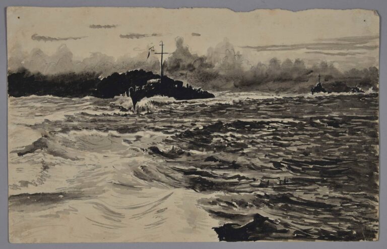 Pen and ink drawing of Tribal-class destroyers in the Indian Ocean, 1942, by Miles Spence.