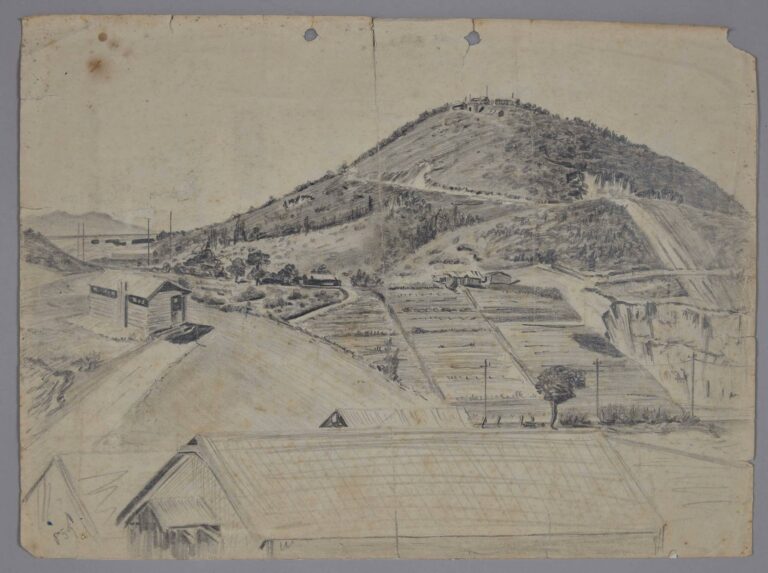 Pencil drawing of buildings in a rural landscape (possibly a military base) in Noumea, New Caledonia, 1942, by Miles Spence.