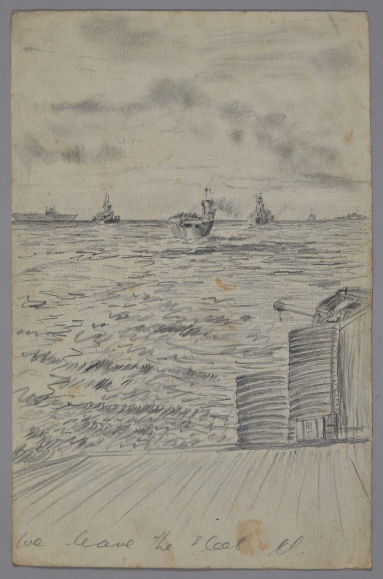 Pencil drawing of ships enroute to Leyte Harbour, Philippines, date unknown, by Miles Spence.