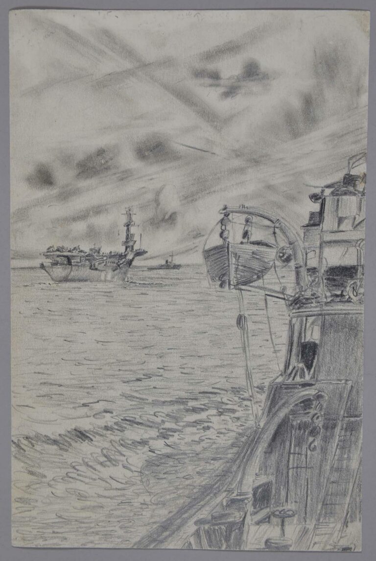Pencil drawing of an aircraft carrier at sea, date unknown, by Miles Spence.