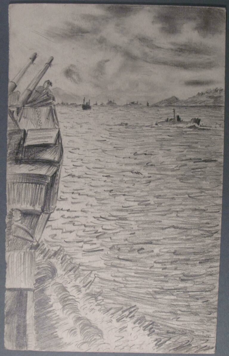 Pencil drawing of a ship arriving in Leyte Harbour, Philippines, date unknown, by Miles Spence.