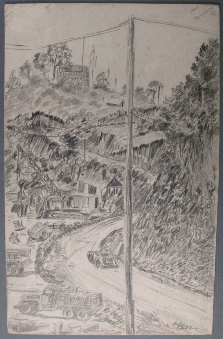 Pencil drawing of a dirt road winding through the hills of Jayapura, New Guinea, 1945, by Miles Spence.