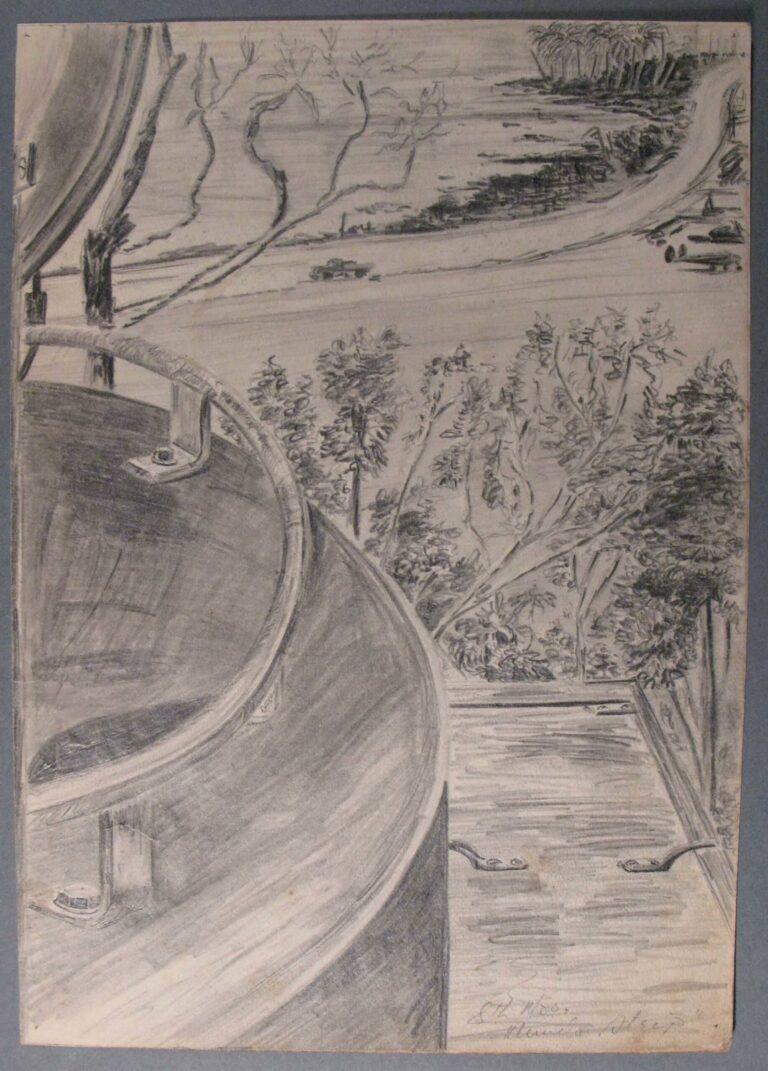 Pencil drawing of a radar set above Munda Airstrip, Solomon Islands, 1943, by Miles Spence.