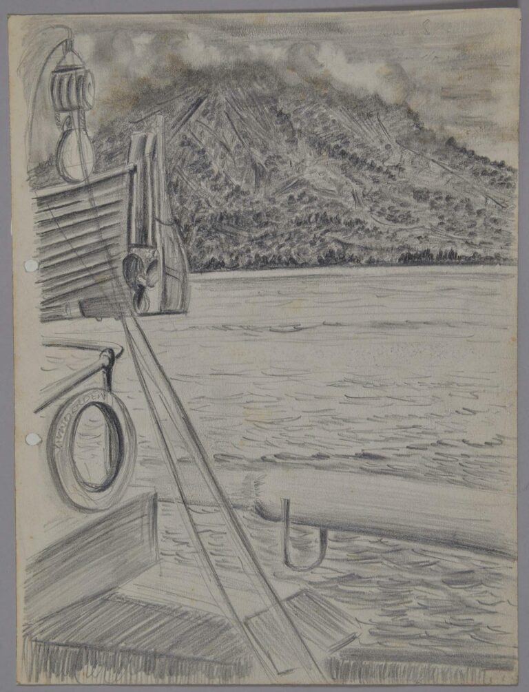 Pencil drawing of the coastline of Rendova Island, Solomon Islands, 1944, by Miles Spence.
