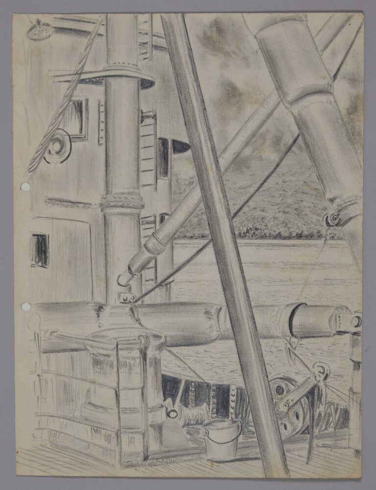 Pencil drawing of the deck of merchant ship Weltevreden with the coast of Sassaville Island in the background, 1944, by Miles Spence.