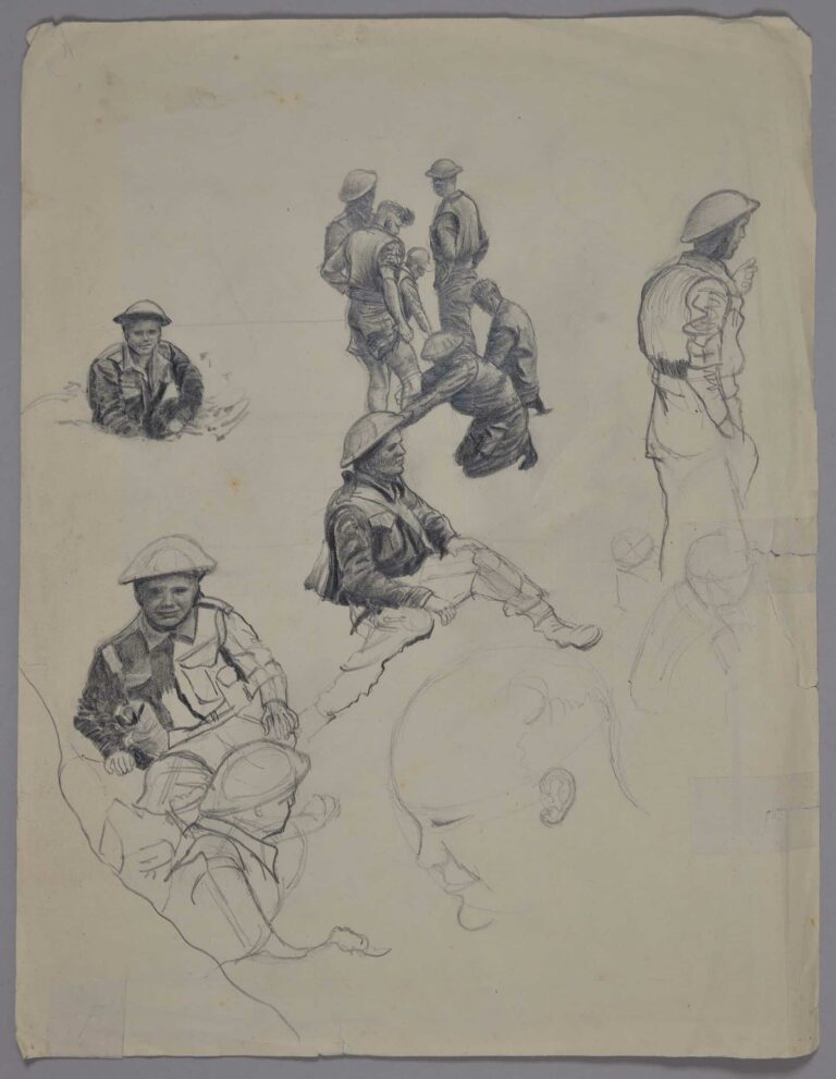 Pencil drawing of New Zealand soldiers in the Solomon Islands, 1943, by Miles Spence.