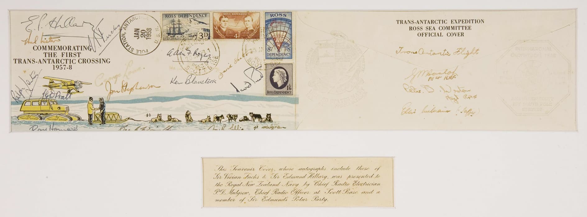ephemera-transantarctic Framed first day cover commemorating the Trans-Antarctic crossing, 1958. Signed by Sir Vivien Fuchs and Sir Edmund Hilary