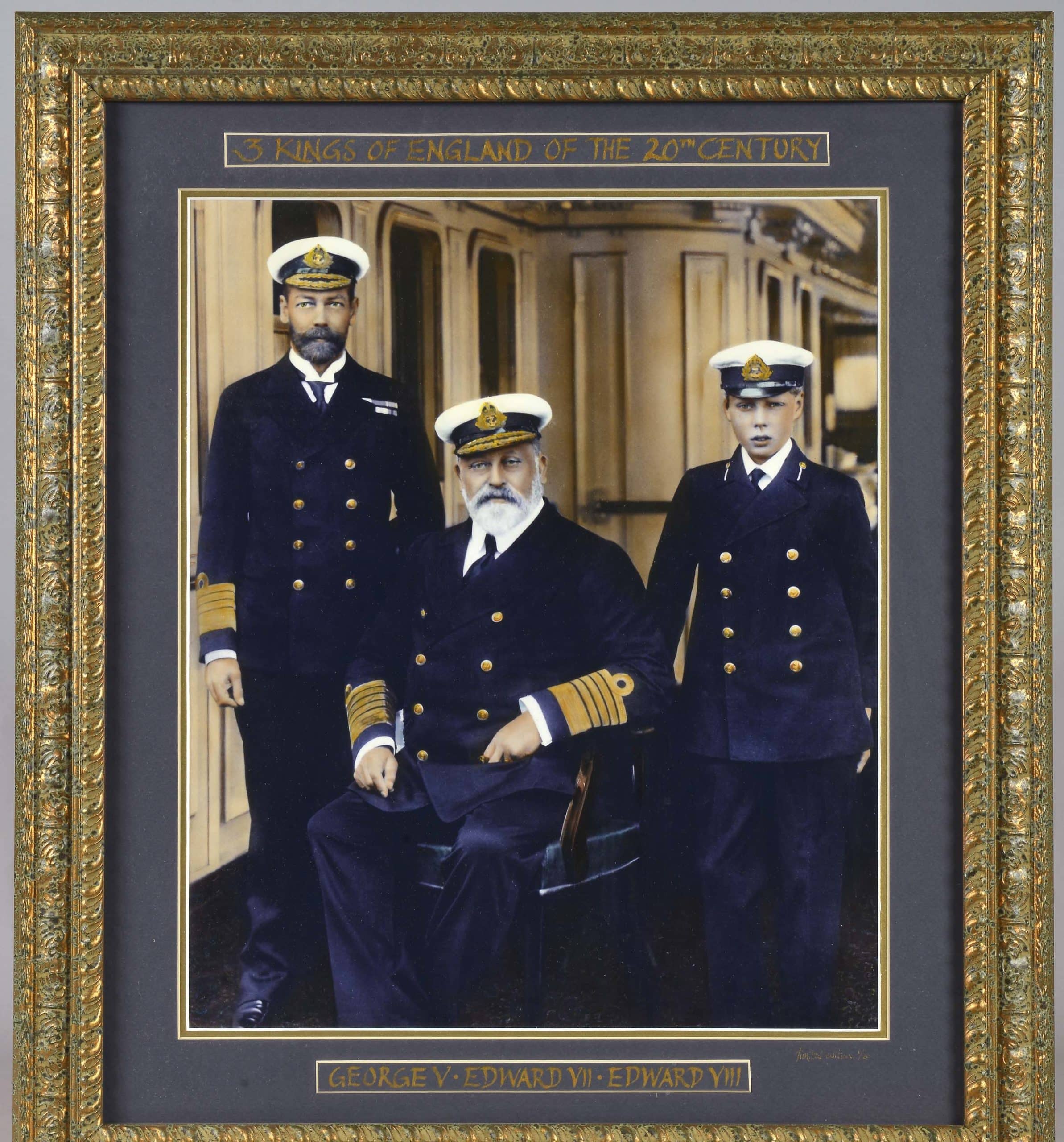 Hand-coloured framed photo of King Edward VII, his son, and grandson.